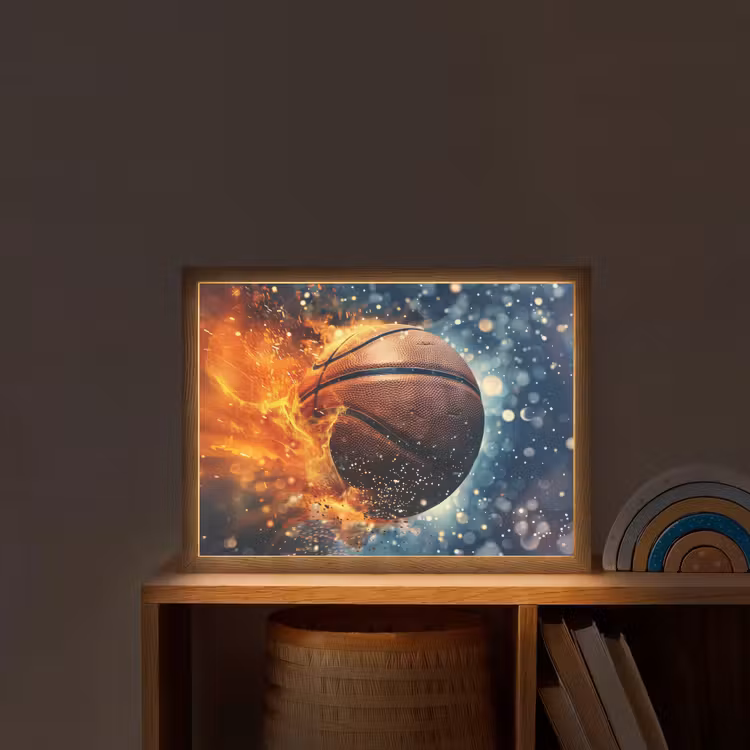 Basketbal - Vuur - Sport - Blauw - Oranje Light Box met batterij (Wandlamp kind) middel -sfeer1_kind