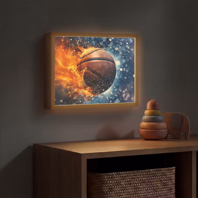 Basketbal - Vuur - Sport - Blauw - Oranje Light Box met batterij (Wandlamp kind) middel -sfeer5_kind