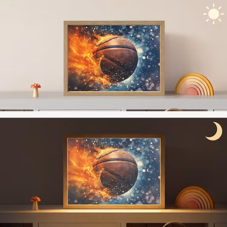 Basketbal - Vuur - Sport - Blauw - Oranje Light Box met batterij (Wandlamp kind) middel -sfeer3_kind