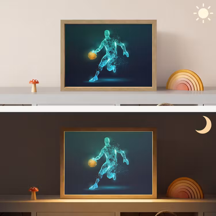 Basketbalspeler - Digitaal - Groen - Blauw Light Box met batterij (Wandlamp kind) middel -sfeer3_kind