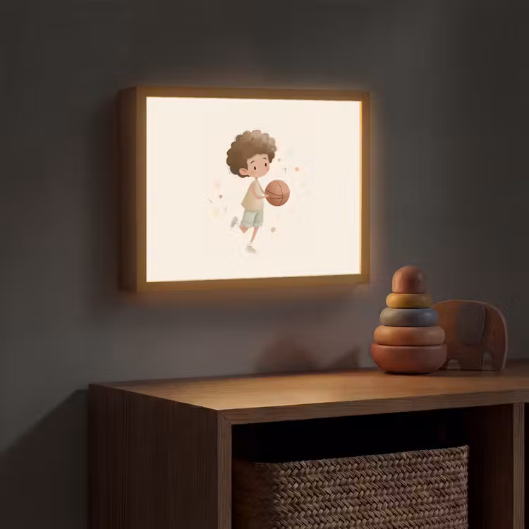 Beige - Jongen - Basketbal - Stippen Light Box met batterij (Wandlamp kind) middel -sfeer5_kind