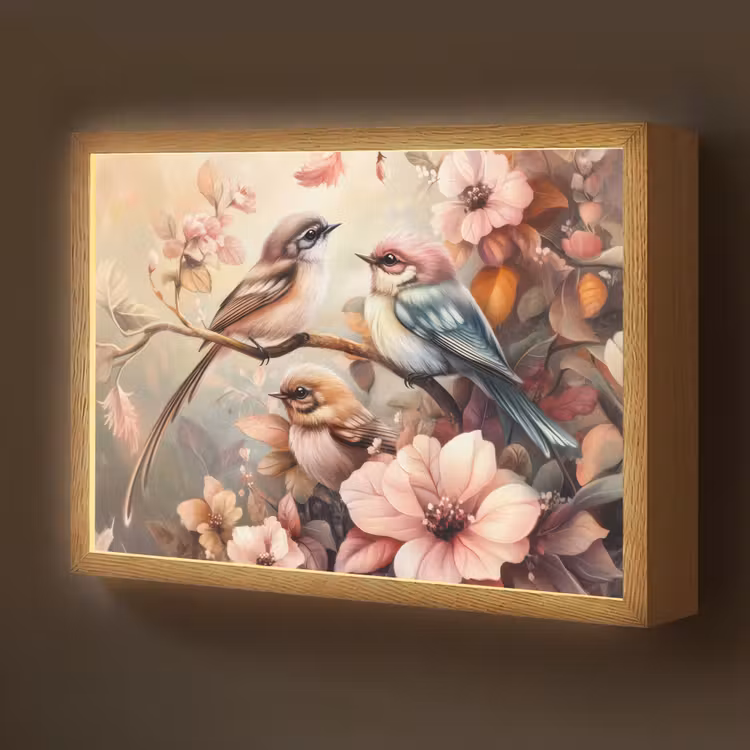 Vogels - Bloemen - Roze - Pastel Light Box met batterij (Wandlamp kind) middel -z3d_website