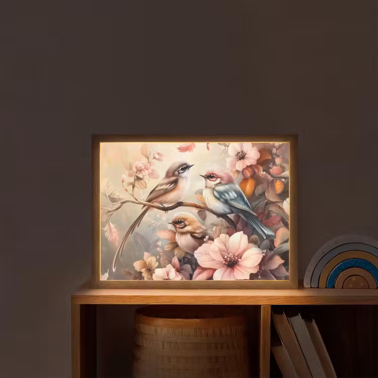Vogels - Bloemen - Roze - Pastel Light Box met batterij (Wandlamp kind) middel -sfeer1_kind