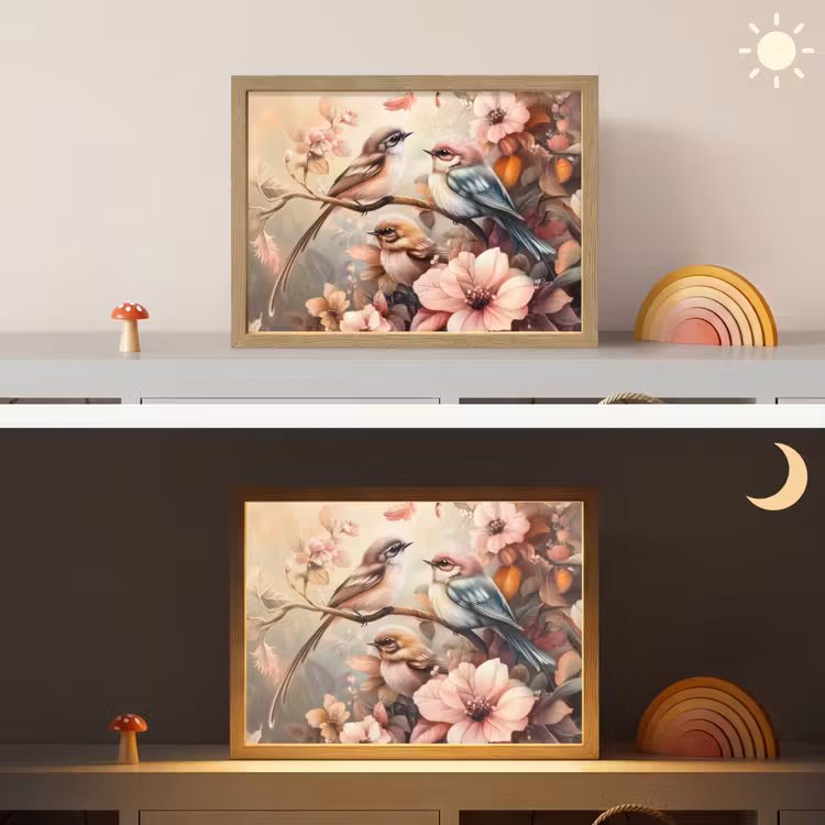Vogels - Bloemen - Roze - Pastel Light Box met batterij (Wandlamp kind) middel -sfeer3_kind