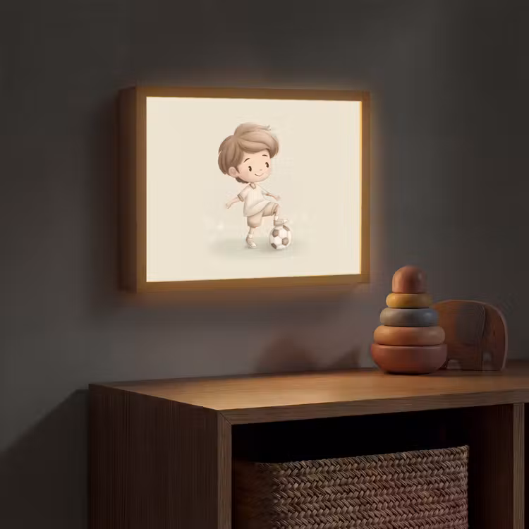 Jongen - Voetbal - Bruin - Minimalistisch Light Box met batterij (Wandlamp kind) middel -sfeer5_kind