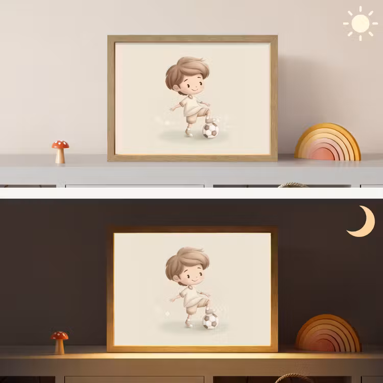 Jongen - Voetbal - Bruin - Minimalistisch Light Box met batterij (Wandlamp kind) middel -sfeer3_kind