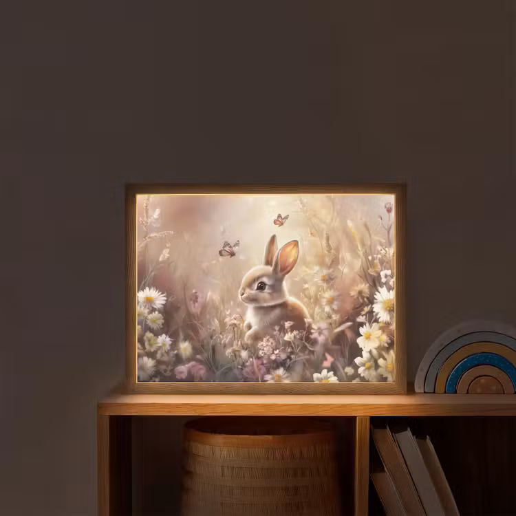 Konijntje - Bruin - Bloemen - Vlinders Light Box met batterij (Wandlamp kind) middel -sfeer1_kind