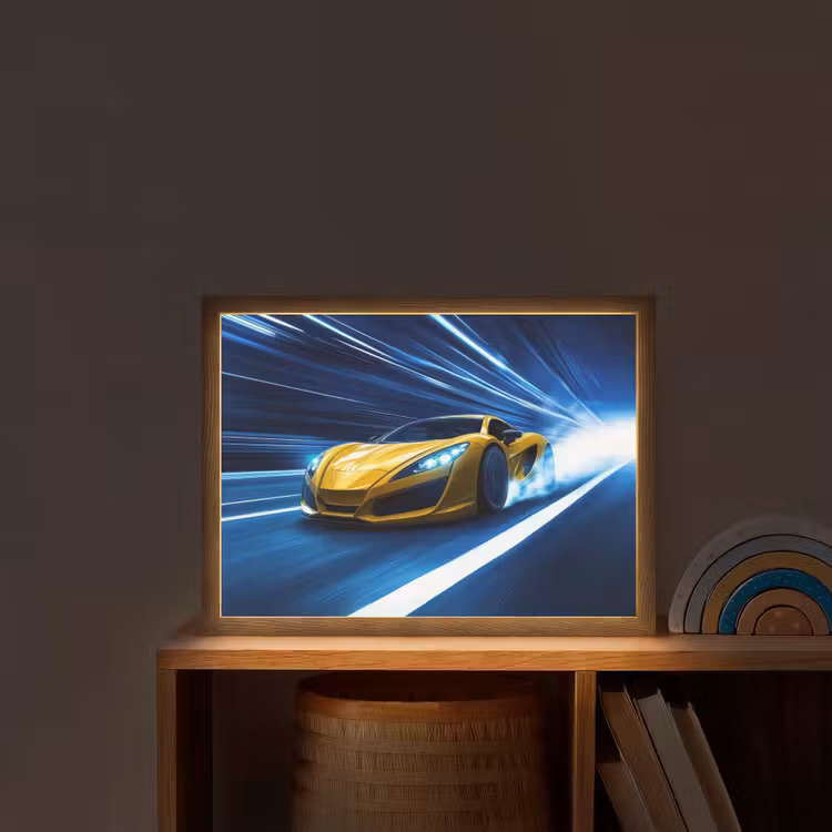 Auto - Geel - Race - Blauw Light Box met batterij (Wandlamp kind) middel -sfeer1_kind