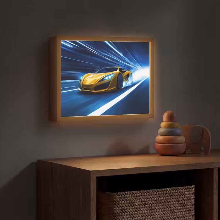 Auto - Geel - Race - Blauw Light Box met batterij (Wandlamp kind) middel -sfeer5_kind