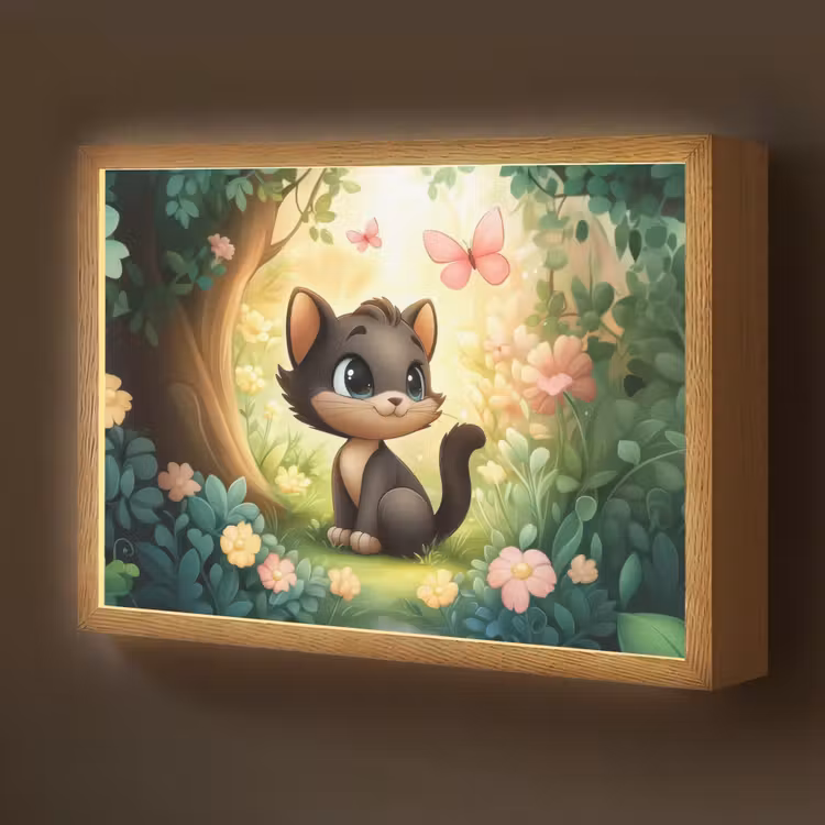 Kat - Zwart - Bos - Vlinders Light Box met batterij (Wandlamp kind) middel -z3d_website
