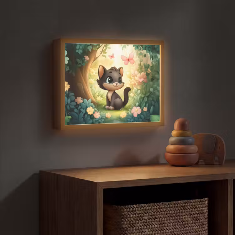 Kat - Zwart - Bos - Vlinders Light Box met batterij (Wandlamp kind) middel -sfeer5_kind