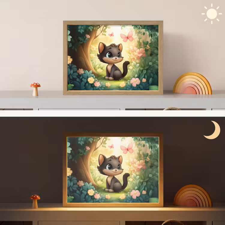 Kat - Zwart - Bos - Vlinders Light Box met batterij (Wandlamp kind) middel -sfeer3_kind