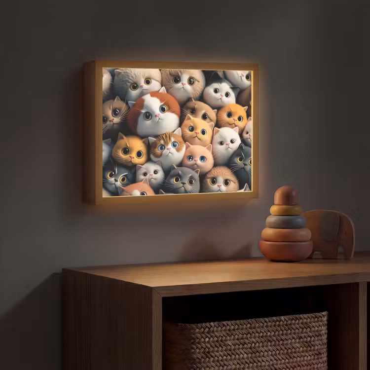 Poes - Kat - Design - Bruin - Grijs - Kids Light Box met batterij (Wandlamp kind) middel -sfeer5_kind