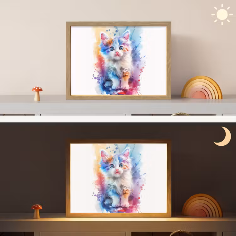 Kat - Kleurrijk - Verf - Dier - Wit Light Box met batterij (Wandlamp kind) middel -sfeer3_kind