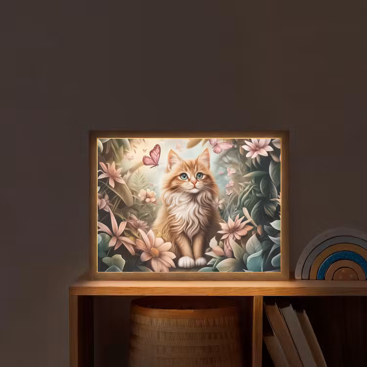 Kat - Bloemen - Vlinders - Roze Light Box met batterij (Wandlamp kind) middel -sfeer1_kind