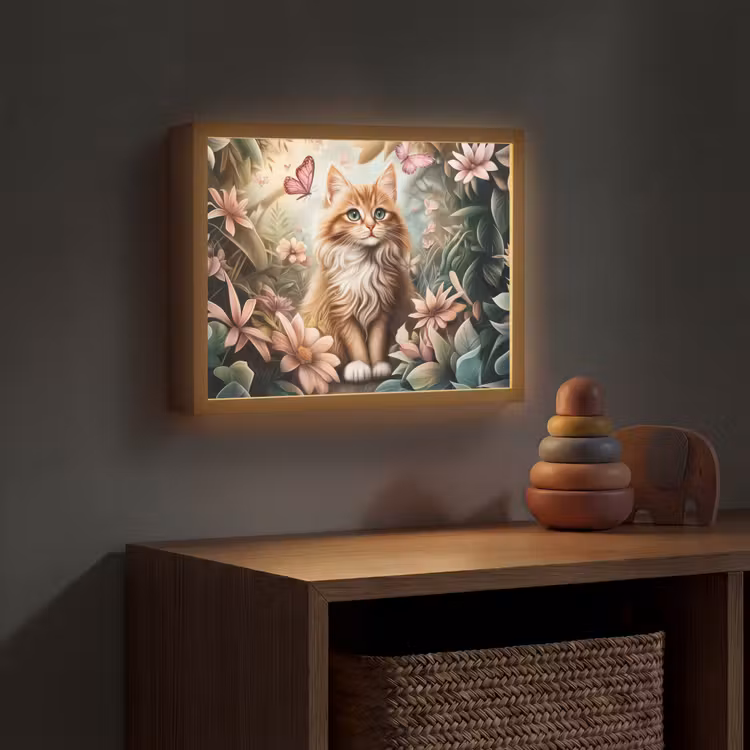 Kat - Bloemen - Vlinders - Roze Light Box met batterij (Wandlamp kind) middel -sfeer5_kind