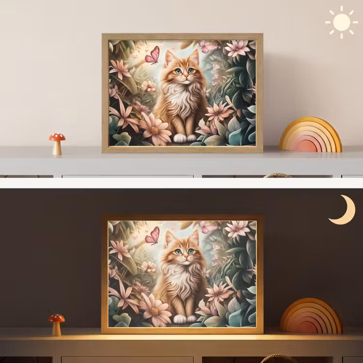 Kat - Bloemen - Vlinders - Roze Light Box met batterij (Wandlamp kind) middel -sfeer3_kind