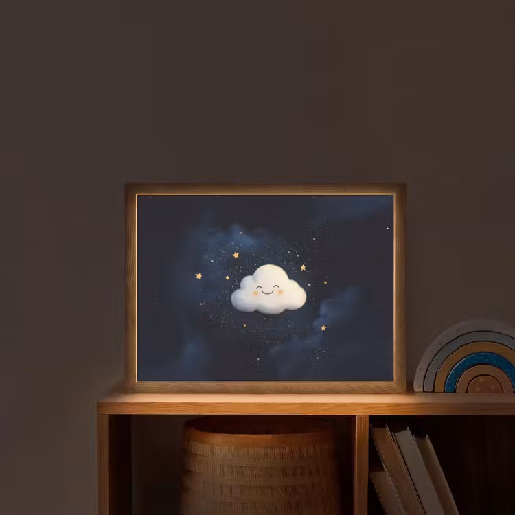 Wolkje - Gezichtje - Sterren - Donkerblauw Light Box met batterij (Wandlamp kind) middel -sfeer1_kind