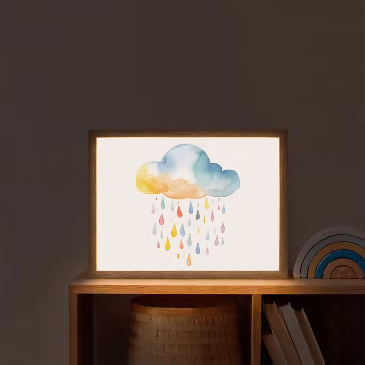 Wolk - Regen - Watercolor - Kleurrijk Light Box met batterij (Wandlamp kind) middel -sfeer1_kind