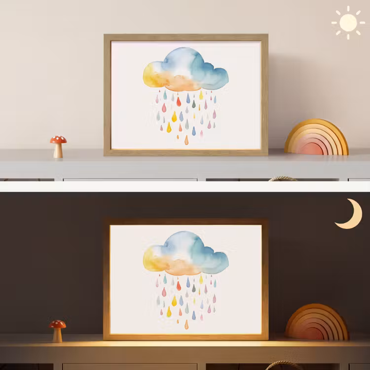 Wolk - Regen - Watercolor - Kleurrijk Light Box met batterij (Wandlamp kind) middel -sfeer3_kind
