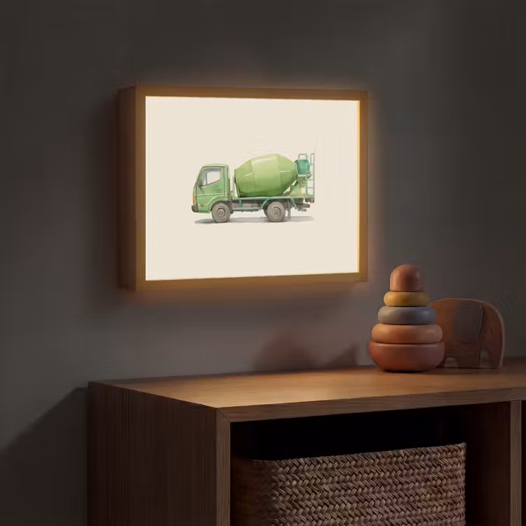 Betonwagen - Illustratie - Groen - Minimalistisch Light Box met batterij (Wandlamp kind) middel -sfeer5_kind