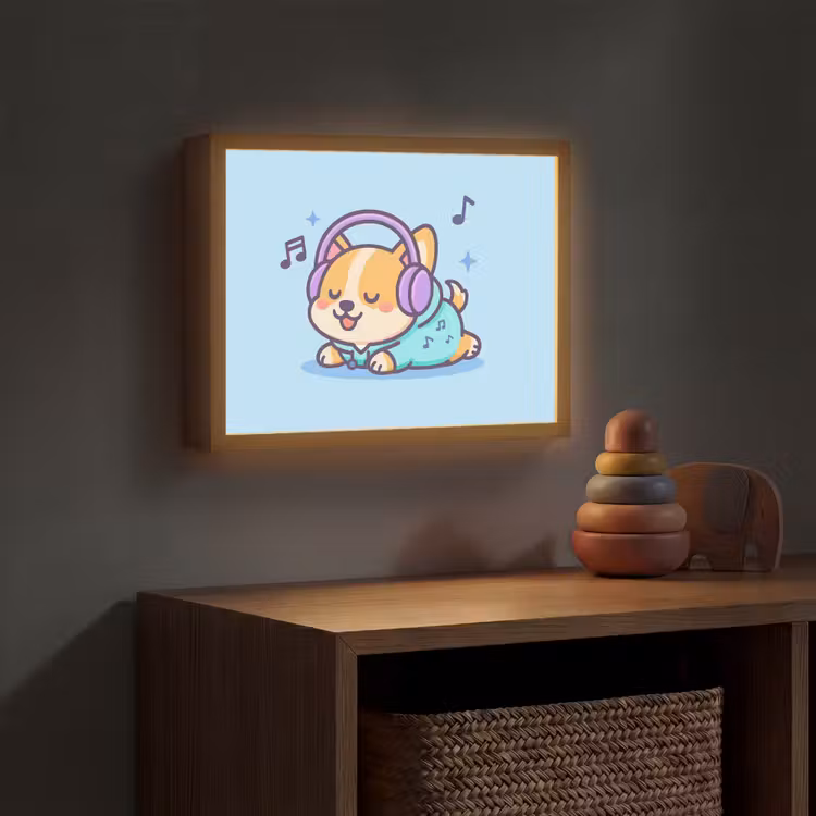 Corgi - Koptelefoon - Blauw - Muzieknoten Light Box met batterij (Wandlamp kind) middel -sfeer5_kind