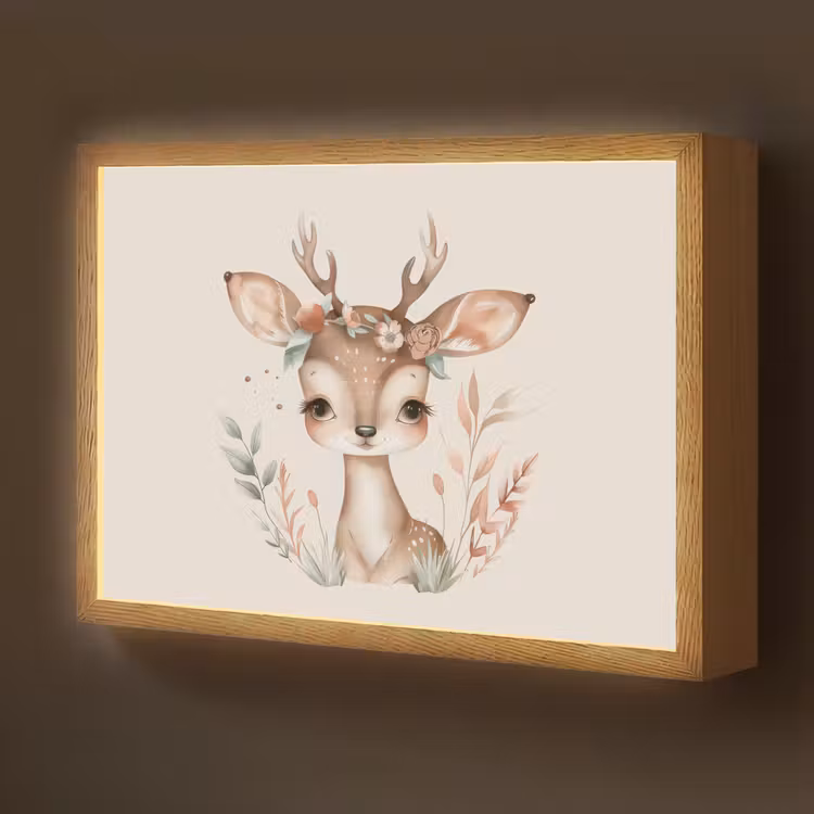 Hert - Bohemian - Bloemen - Bosdieren Light Box met batterij (Wandlamp kind) middel -z3d_website