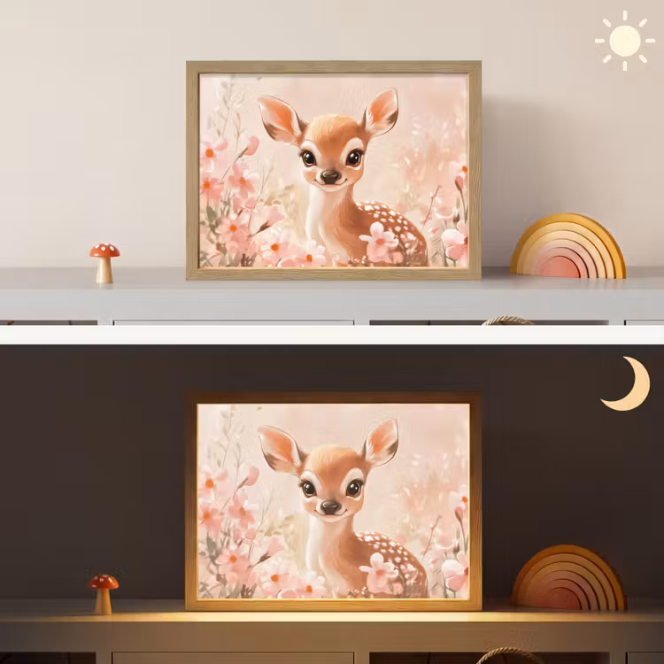 Hertje - Illustratie - Bloemen - Roze Light Box met batterij (Wandlamp kind) middel -sfeer3_kind