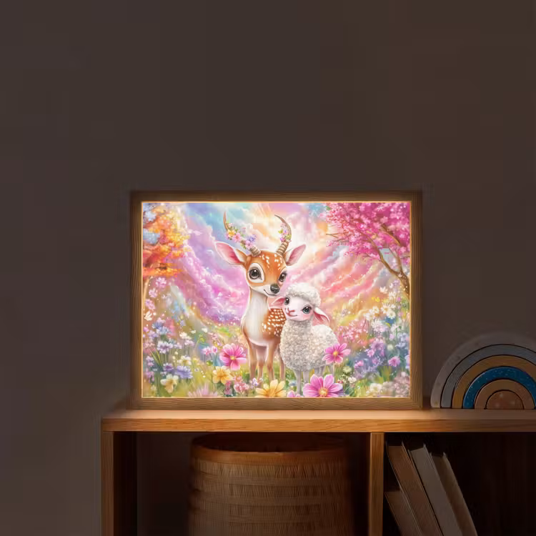 Hertje - Lammetje - Bloemen - Pastel Light Box met batterij (Wandlamp kind) middel -sfeer1_kind