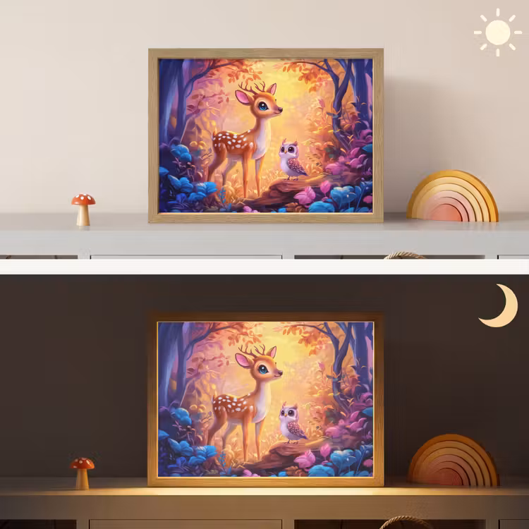 Hertje - Uil - Fantasie - Bos Light Box met batterij (Wandlamp kind) middel -sfeer3_kind