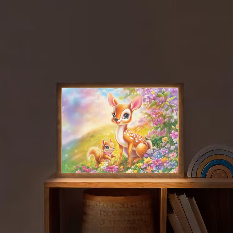 Hertje - Eekhoorn - Bloemenveld - Kleurrijk Light Box met batterij (Wandlamp kind) middel -sfeer1_kind