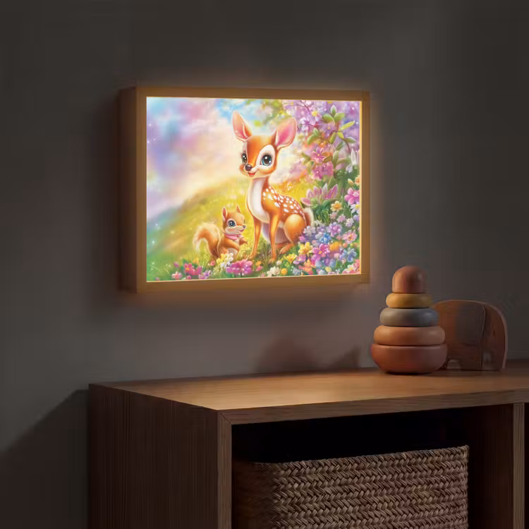 Hertje - Eekhoorn - Bloemenveld - Kleurrijk Light Box met batterij (Wandlamp kind) middel -sfeer5_kind