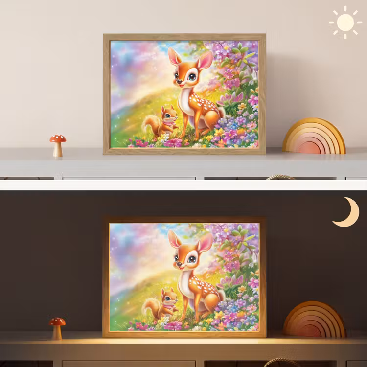 Hertje - Eekhoorn - Bloemenveld - Kleurrijk Light Box met batterij (Wandlamp kind) middel -sfeer3_kind