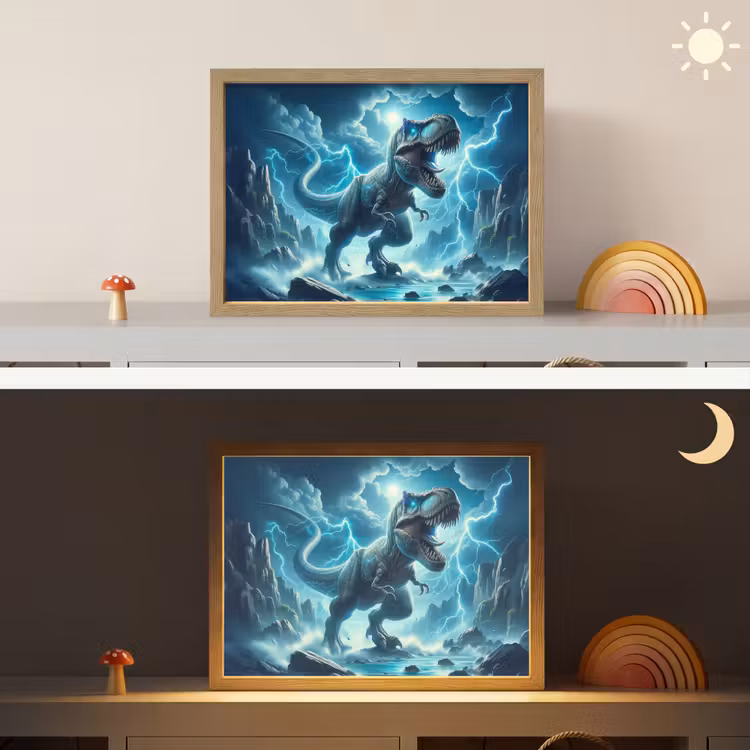 Dino - Blauw - Jongens Light Box met batterij (Wandlamp kind) middel -sfeer3_kind