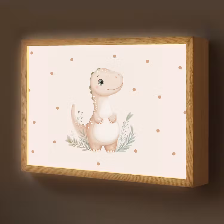 Dinosaurus - Bladeren - Pastel - Stippen Light Box met batterij (Wandlamp kind) middel -z3d_website