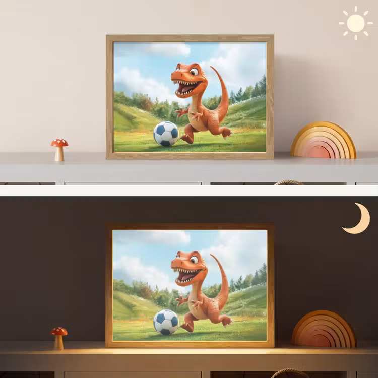 Dinosaurus - Oranje - Cartoon - Voetbal Light Box met batterij (Wandlamp kind) middel -sfeer3_kind
