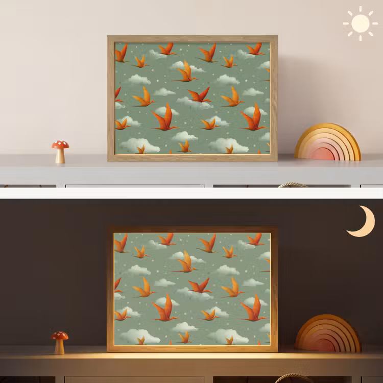 Dinosaurussen - Wolken - Sterren - Oranje Light Box met batterij (Wandlamp kind) middel -sfeer3_kind