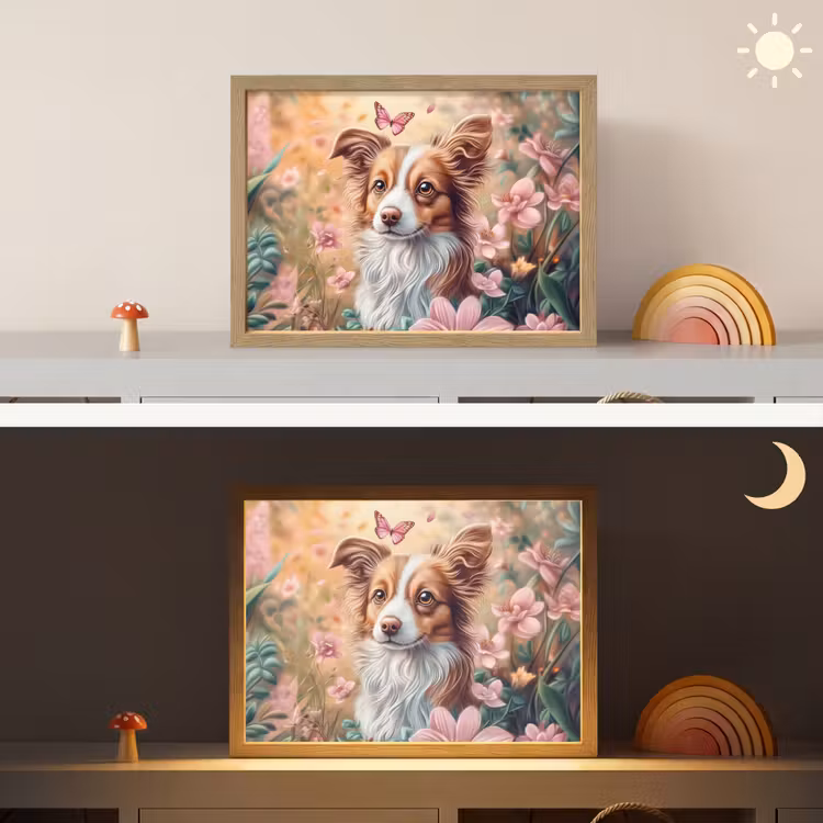 Hond - Bloemen - Roze Light Box met batterij (Wandlamp kind) middel -sfeer3_kind