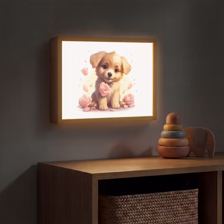 Hond - Bloemen - Roze - Meisjes - Kind Light Box met batterij (Wandlamp kind) middel -sfeer5_kind