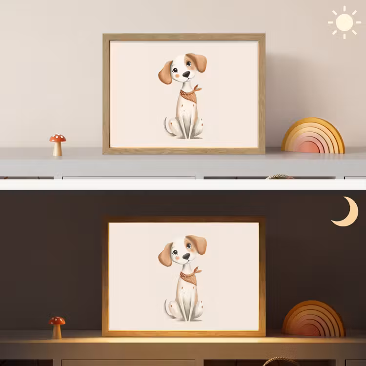 Hond - Pup - Beige Light Box met batterij (Wandlamp kind) middel -sfeer3_kind