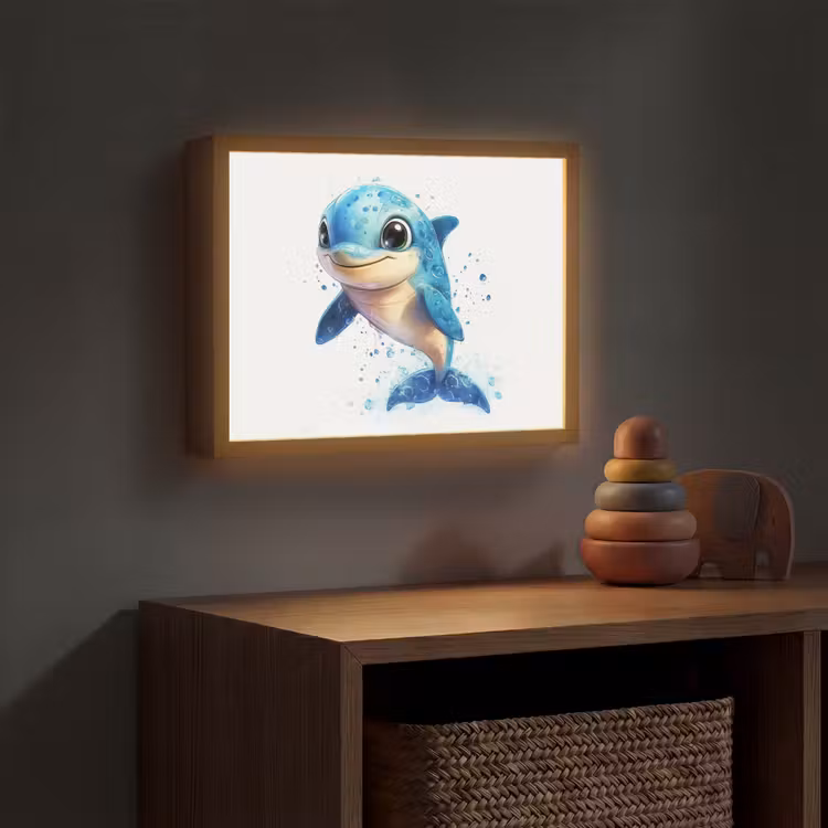 Dolfijn - Blauw - Water - Druppels Light Box met batterij (Wandlamp kind) middel -sfeer5_kind