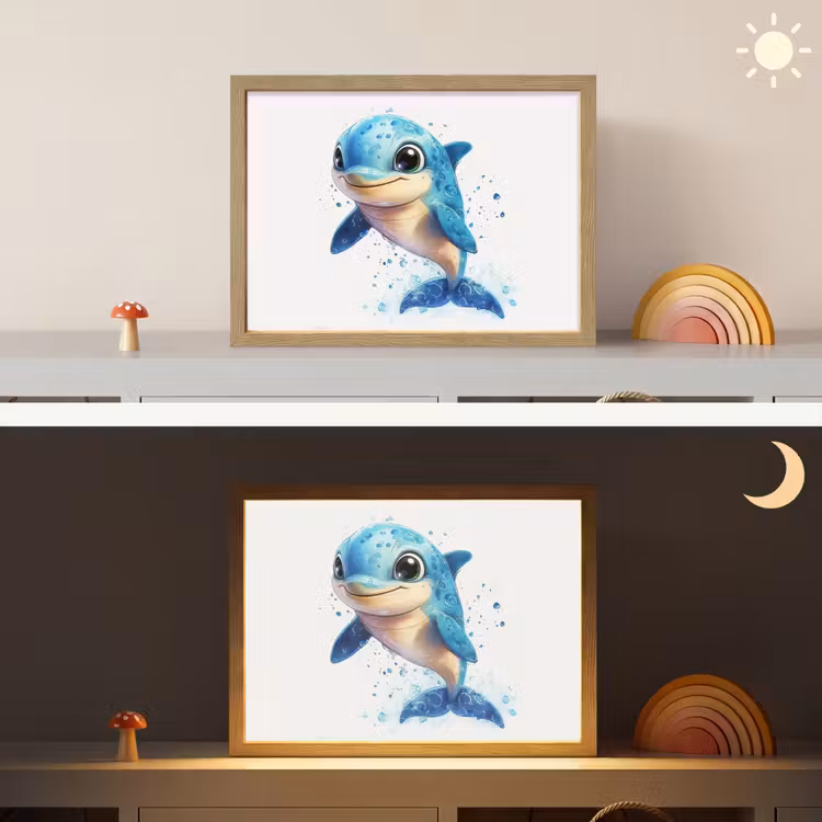 Dolfijn - Blauw - Water - Druppels Light Box met batterij (Wandlamp kind) middel -sfeer3_kind