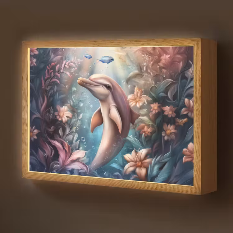 Dolfijn - Vissen - Onderwaterwereld - Bloemen Light Box met batterij (Wandlamp kind) middel -z3d_website