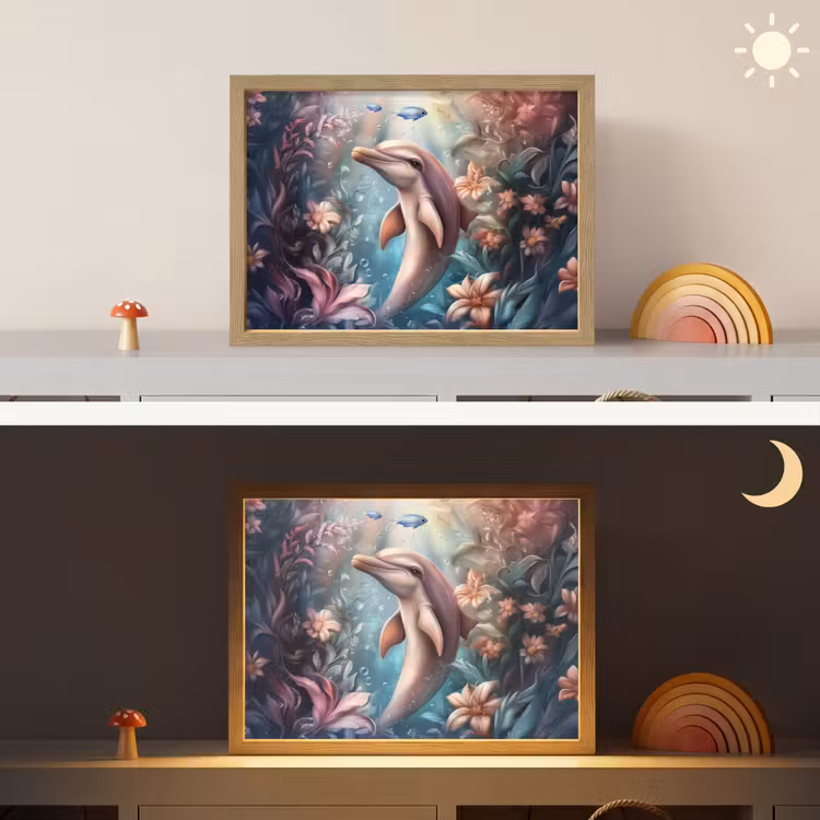 Dolfijn - Vissen - Onderwaterwereld - Bloemen Light Box met batterij (Wandlamp kind) middel -sfeer3_kind