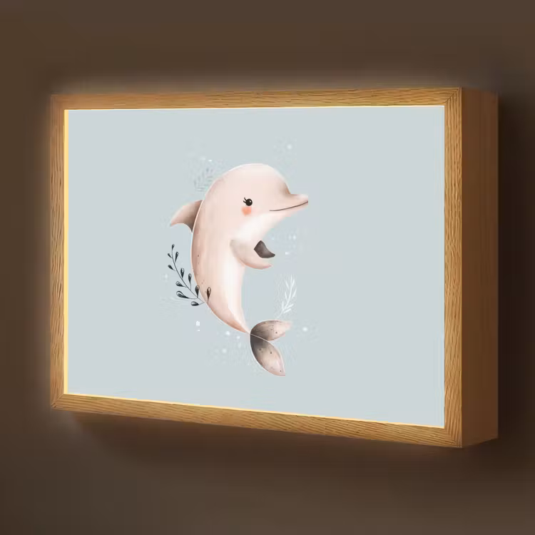 Dolfijn - Zeewier - Grijs Light Box met batterij (Wandlamp kind) middel -z3d_website