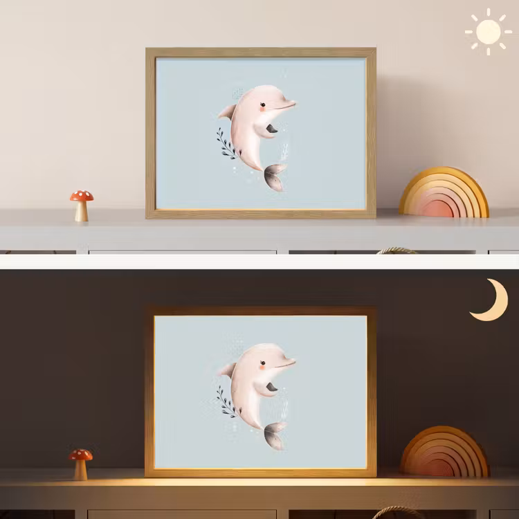 Dolfijn - Zeewier - Grijs Light Box met batterij (Wandlamp kind) middel -sfeer3_kind