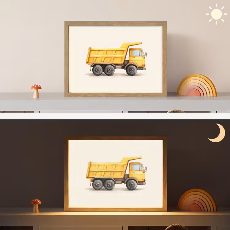 Kiepwagen - Geel - Illustratie Light Box met batterij (Wandlamp kind) middel -sfeer3_kind