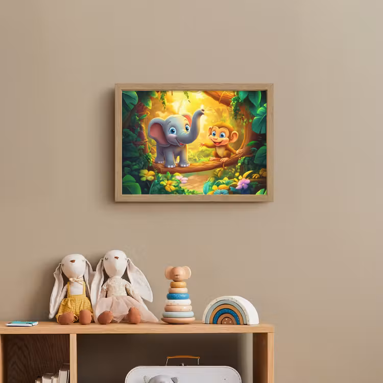 Olifant - Appje - Jungle - Kleurrijk Light Box met batterij (Wandlamp kind) middel -sfeer2_kind