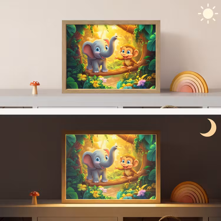 Olifant - Appje - Jungle - Kleurrijk Light Box met batterij (Wandlamp kind) middel -sfeer3_kind