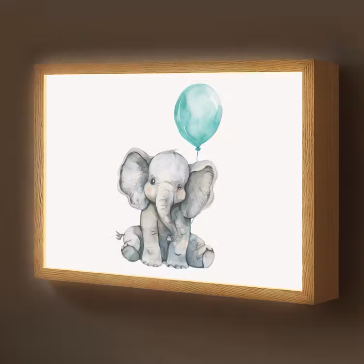 Olifant - Baby - Dieren - Blauwe ballon Light Box met batterij (Wandlamp kind) middel -z3d_website